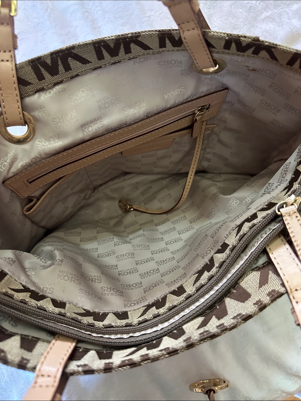 Michael Kors Tan and Brown MK Logo Tote with Gold Hardware - Picture 7 of 14